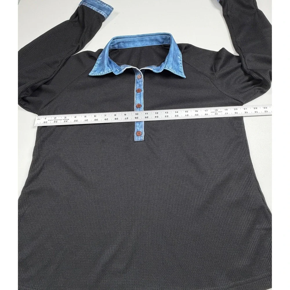 Unbranded Henley Top Women L Black Ribbed Denim Collar Long Sleeve Mixed Media